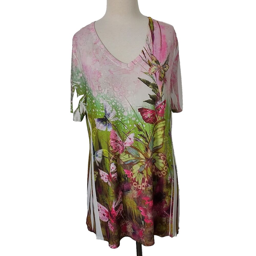 Jostar Tunic Top Women's L Asymmetric Rhinestone Butterfly Stretch Flowy Floral